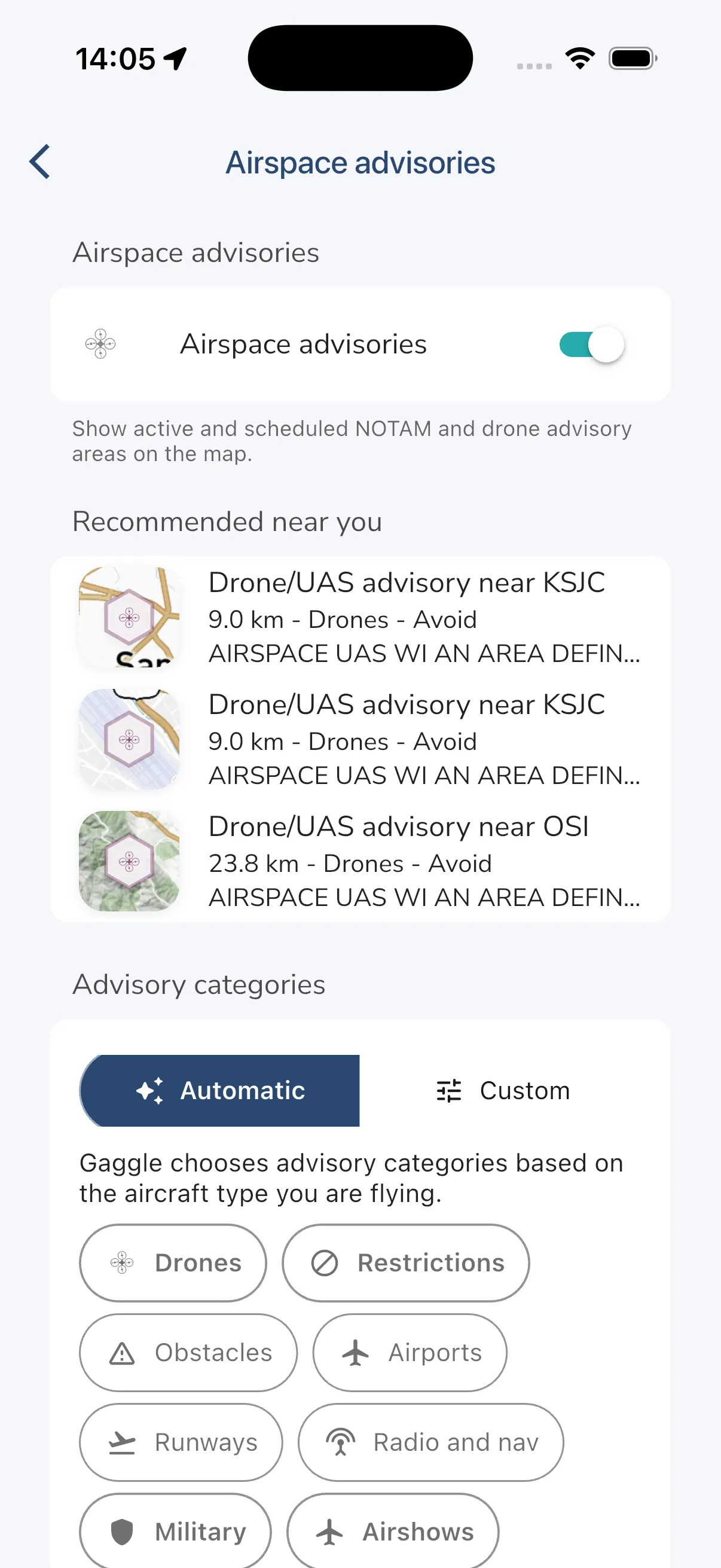 Airspace advisories settings in Gaggle