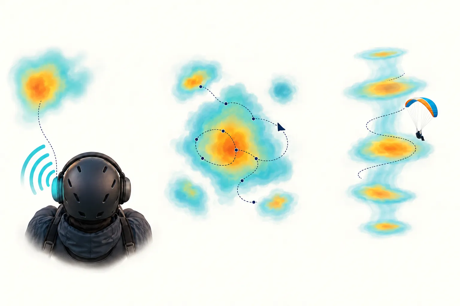 Three complementary views of lift: a cue in the left ear, sampled lift around a flight track, and an observed thermal column across height.