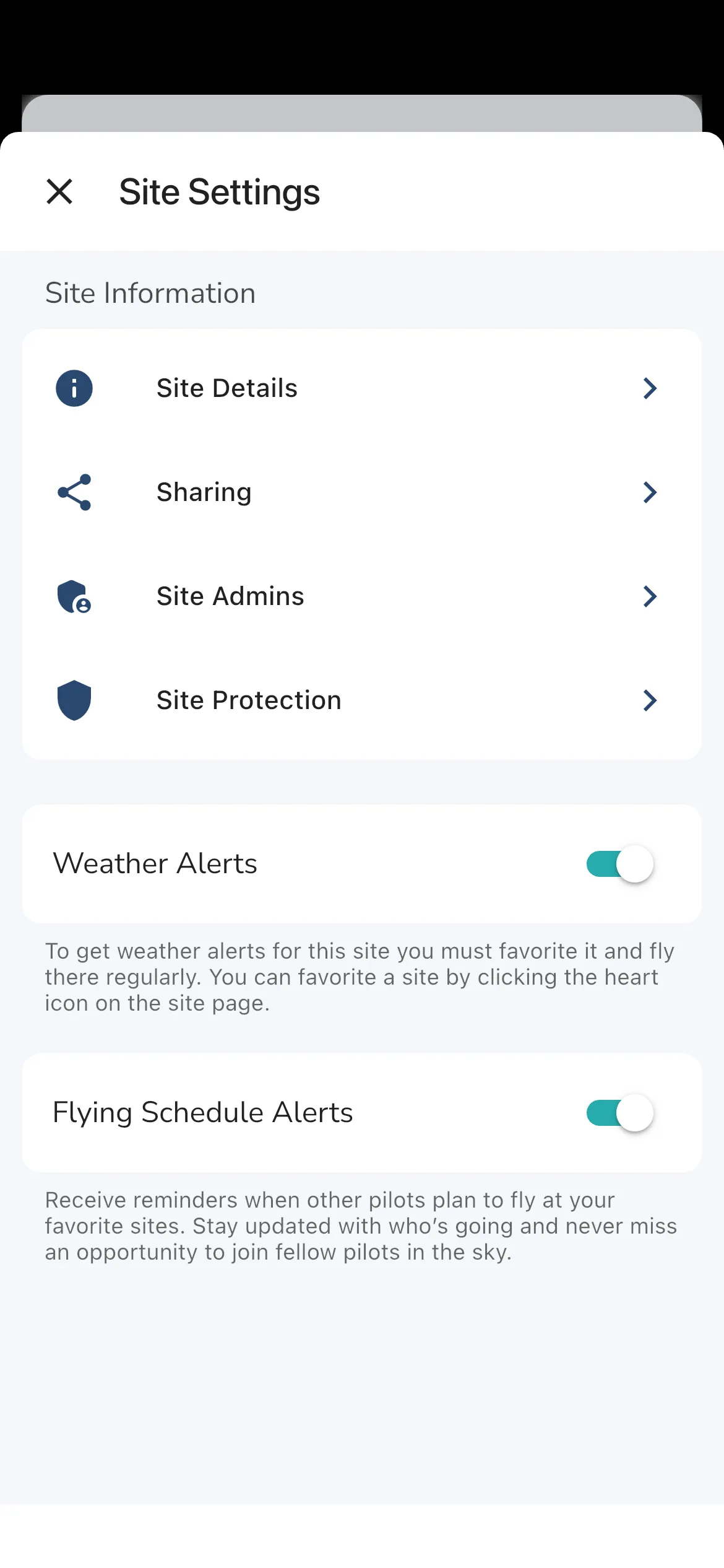Flying Site Settings
