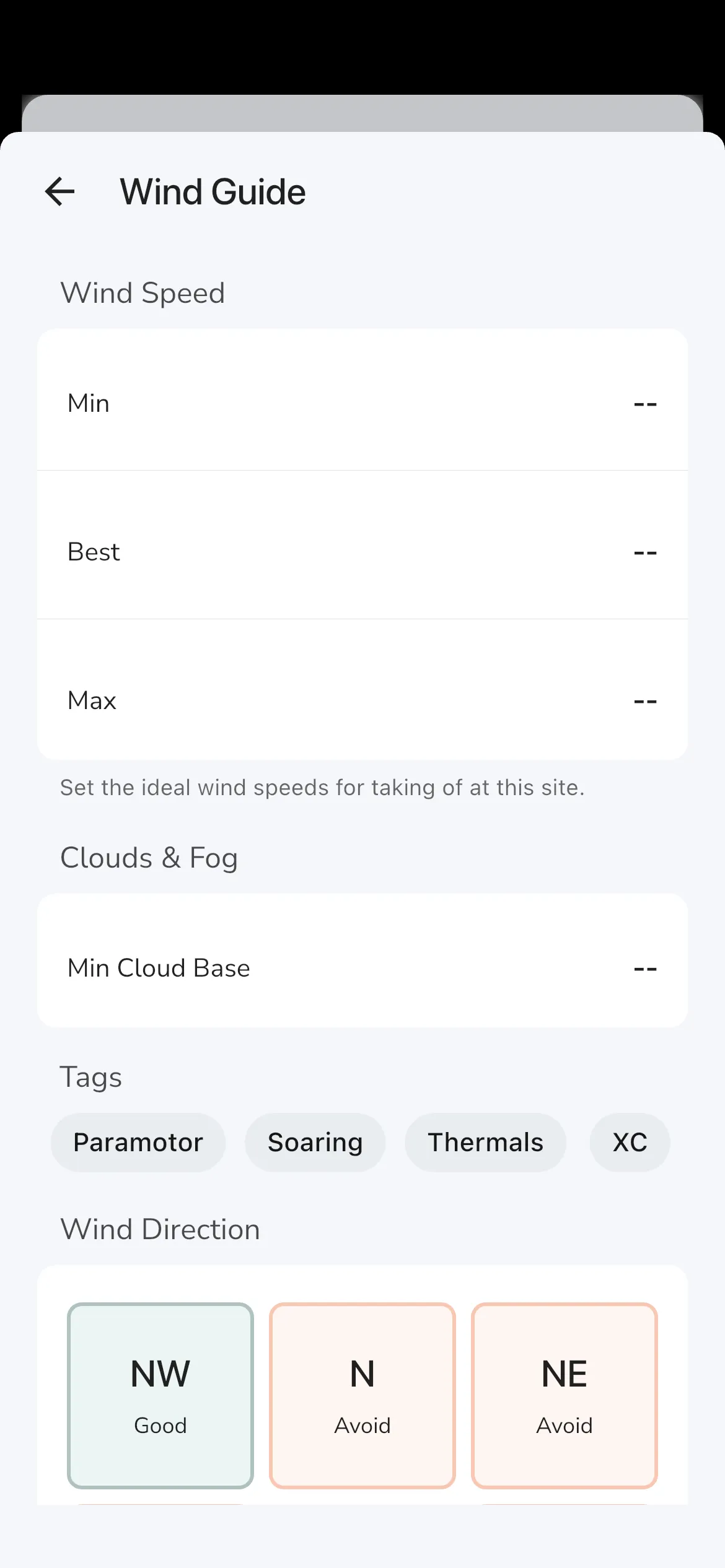 Flying Site Wind Guide Settings