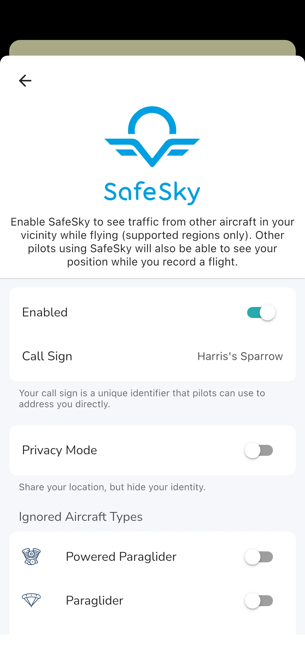 Live air traffic settings